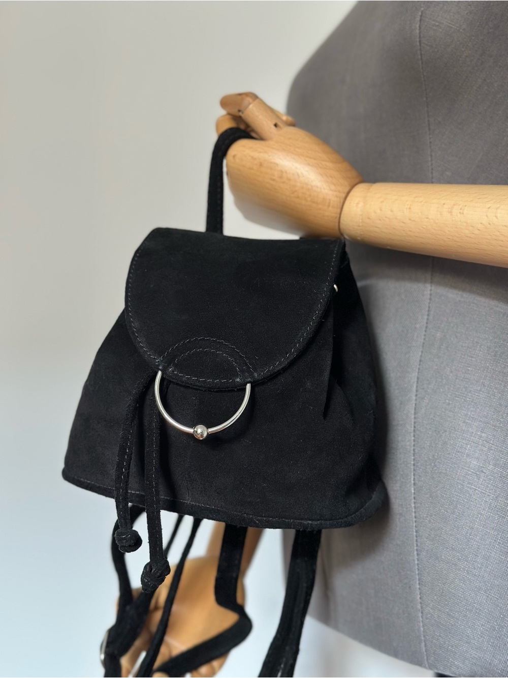 Black Suede Mini Backpack Drawstring Leather Bag Silver Hardware